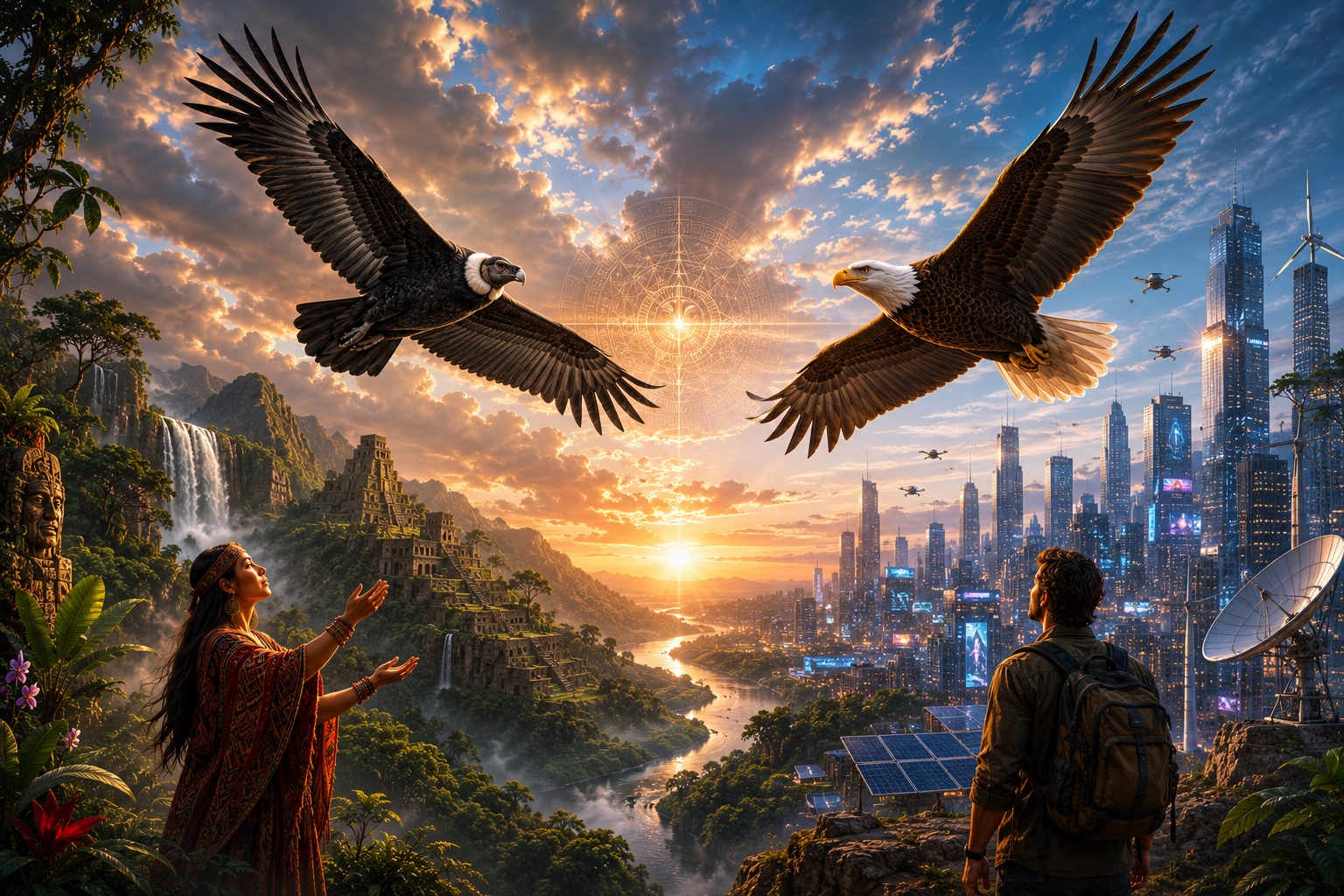 La prophétie de l'Aigle et du Condor — un peuple autochtone et un occidental contemplant deux oiseaux volant ensemble, jungle et cité moderne se rencontrant au crépuscule